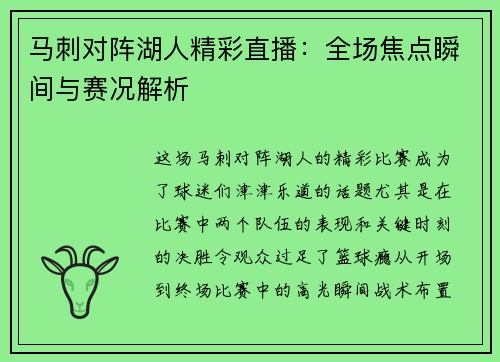 马刺对阵湖人精彩直播：全场焦点瞬间与赛况解析