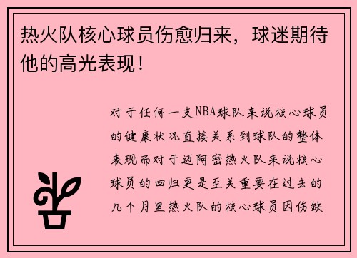 热火队核心球员伤愈归来，球迷期待他的高光表现！